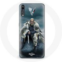 Maniacase Hoesje voor Huawei P20 Pro Vikings Seizoen 6 Ragnar Lothbrok logo V Zwaard Grijze Achtergrond