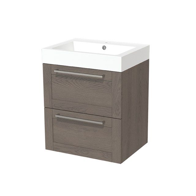 Maxaro Badkamermeubel 60cm Modulo Donkerbruin Eiken 2 lades Kader Wastafel Mineraalmarmer