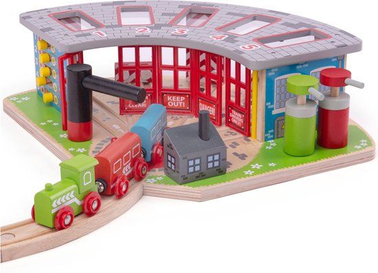 Bigjigs - Houten rails - Luxe remise voor 5 treinen