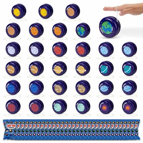 BONNYCO Jojo-Kinderen Pack 32 Ruimtefeestzakjesvullers voor Kinderen. Houten Jojo Kinderfeestcadeautjes, Klaar Gemaakt Kids Feestzakjes. Reactieve Feestzakjes Vullers, Pinata Invullers Feestzakken