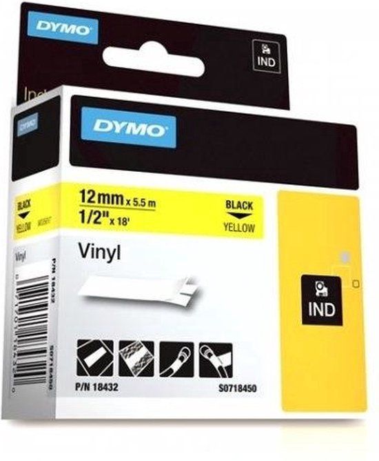 RHINO DYMO 12mm RHINO Coloured Vinyl Zwart/Geel