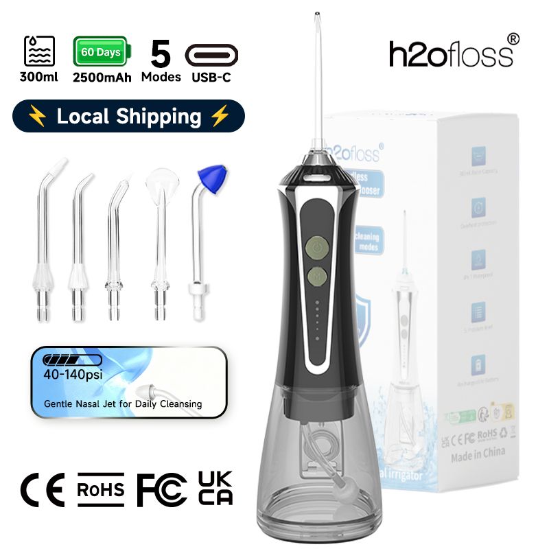 H2ofloss Draadloze draagbare waterflosser 300 ml 5 modi IPX7 Oplaadbare monddouche met 5 mondstukken 2500 mAh Lokale verzending