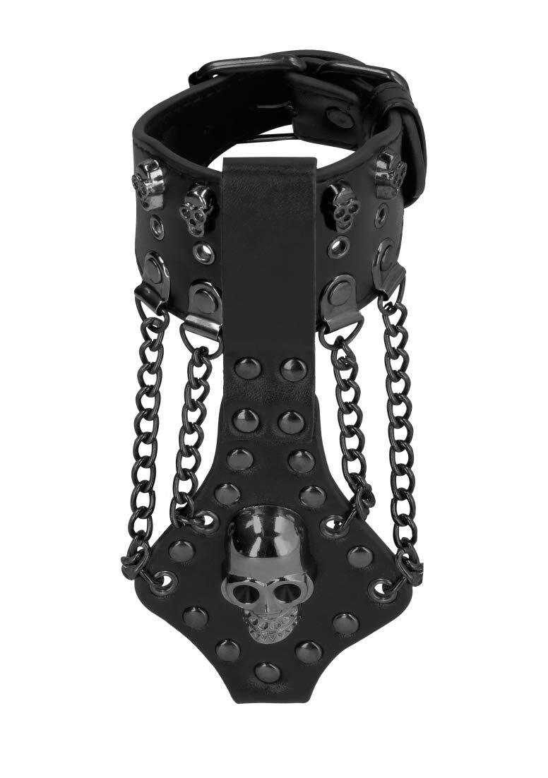 Ouch! Skulls and Bones Shots - Schedel and Bones armband van PU-leer, zwart Doodshoofden en chains zwart