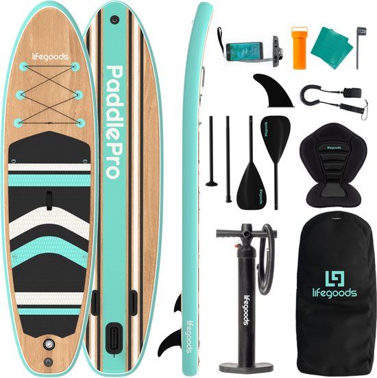 LifeGoods PaddlePro SUP Board - Met Zitje - Opblaasbaar - Complete Set - Max. 150KG - 320x81cm - Hout/Mintgroen