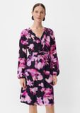 comma Gebloemde V-hals Lange Mouw Kuithoogte Jurk Vrouwen 38 Fuchsia