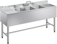 VEVOR Roestvrijstalen Spoelbak met 3 Bakken, 2 Afvoeren en Spatbescherming - 1524 x 470 x 838 mm