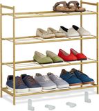 Relaxdays schoenenrek, metaal, 4 etages, stapelbaar, uitbreidbaar, HBD: 70 x 70 x 26 cm, voor 12 paar schoenen, goud