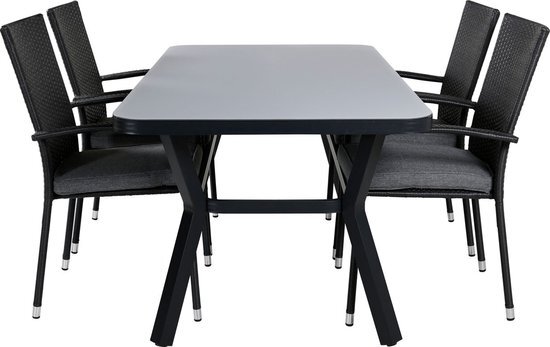 Hioshop Virya tuinmeubelset tafel 90x160cm en 4 stoel Anna zwart, grijs.
