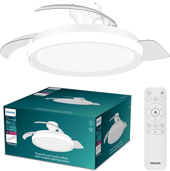 Philips LED Philips Bliss Plafondventilator met LED-lamp, 3 Intrekbare Bladen, 106 cm Spanwijdte, 4500 Lumen, Instelbaar Wit Licht van 2700K tot 6500K, Dimbaar tot 5%, Afstandsbediening, Wit met glinstering