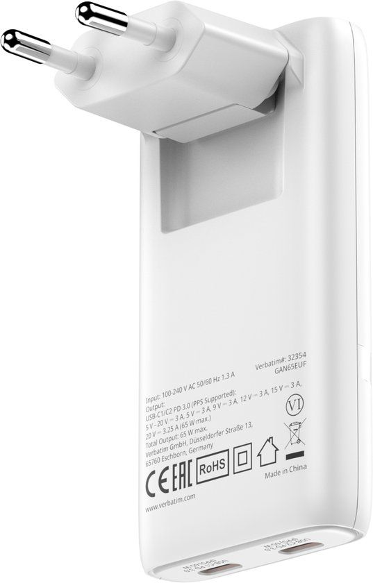 Verbatim Fold N Go Gan 65W Sneloplader Voor Usb-C Laptop