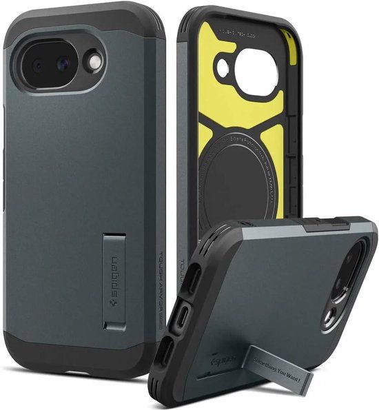 Spigen Tough Armor Hoesje Geschikt voor Google Pixel 10a | Compatibel met MagSafe / Qi2 | Back Cover Militaire Standaard | Kickstand | Grijs