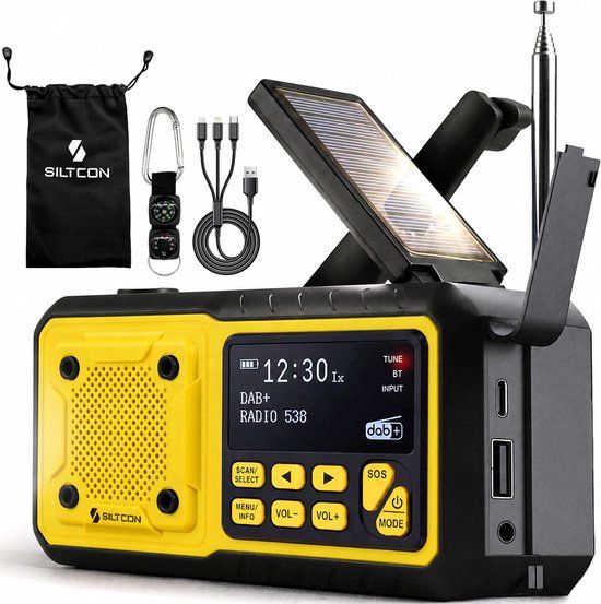 Siltcon Noodradio Solar Opwindbaar - DAB+/FM - Powerbank 5000mAh - Bluetooth - USB-A/C - Zaklamp - Geel