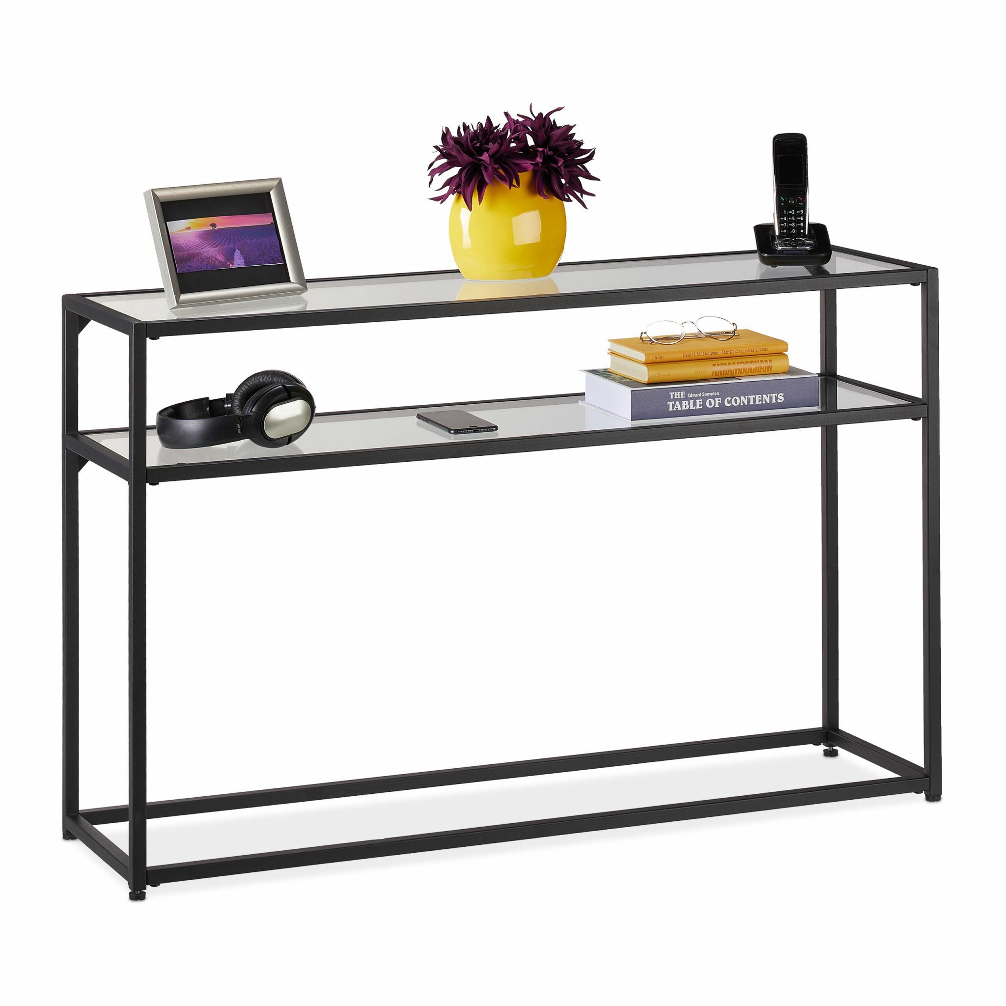 Relaxdays Consoletafel - 2 planken - Hal & Woonkamer - Metaal & Glas - Zwart