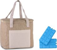 Kimood Grote koeltas jute/canvas naturel 12 liter met 4x stuks koelelementen - 28 x 25 x 17 cm