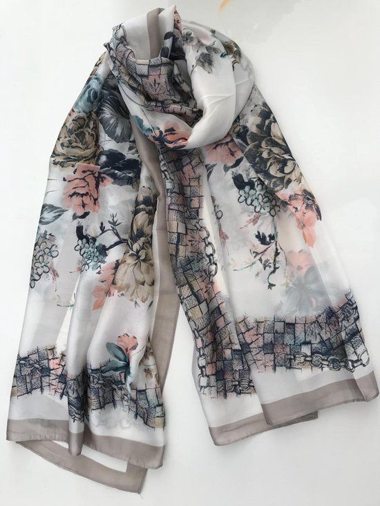 Modesjaals.nl - Zomersjaal - Dames - Beige - Bloemen - Viscose/Zijde - 180x90 cm