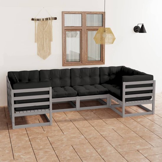 The Living Store Loungeset Grenenhout - Hoekbank - Grijs - 70x70x67 cm - Inclusief kussens