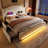 Gutent Gestoffeerd bed 140x200 cm tweepersoonsbed met 4 lades opbergbed en jeugdbed met lattenbodem fluweel beige zonder matras