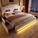 Gutent Gestoffeerd bed 140x200 cm tweepersoonsbed met 4 lades opbergbed en jeugdbed met lattenbodem fluweel beige zonder matras