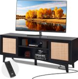 VEVOR Rieten TV-standaard voor televisies van 191 cm, bohemien TV-meubel met rieten deur, TV-kast met ingebouwde stekkerdoos, opbergkast met 2 planken, modern TV-meubel voor de woonkamer, zwart