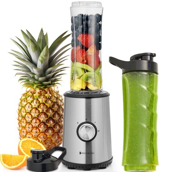 KitchenBrothers Mini Blender - Smoothie Maker - 2 To Go Bekers - 350W - RVS