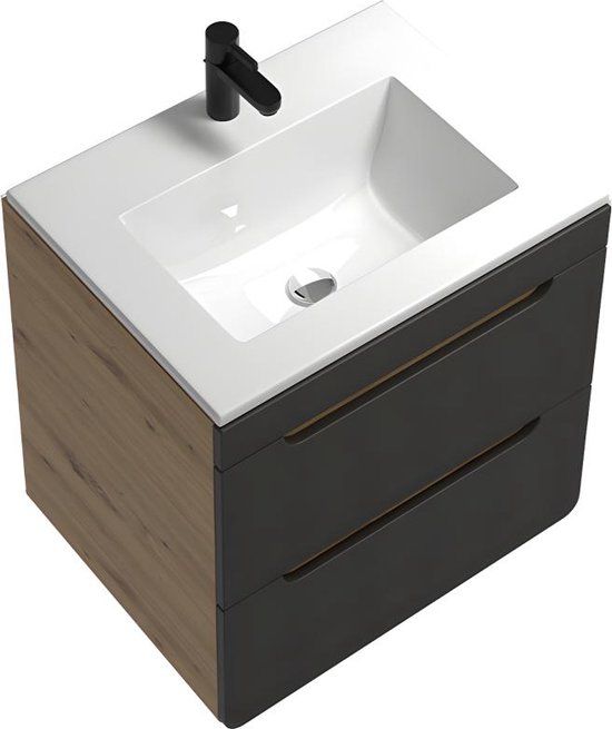 Hangmeubel voor badkamer met inbouwwastafel - Naturel en antraciet - 60 cm - ARUBA