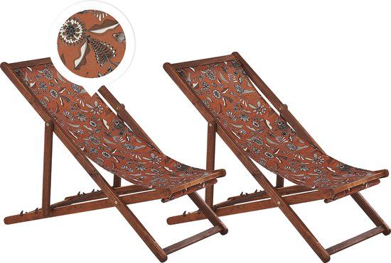 Beliani ANZIO - Strandstoel set van 2 - Donkerhout/Bloemen/Rood - Polyester