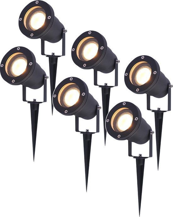HOFTRONIC Set van 6 LED Prikspots - 4 Watt 345 lumen - Dimbaar - Kantelbaar - 2700K warm wit - GU10 - IP65 Waterdicht - Zwart - Tuinspots