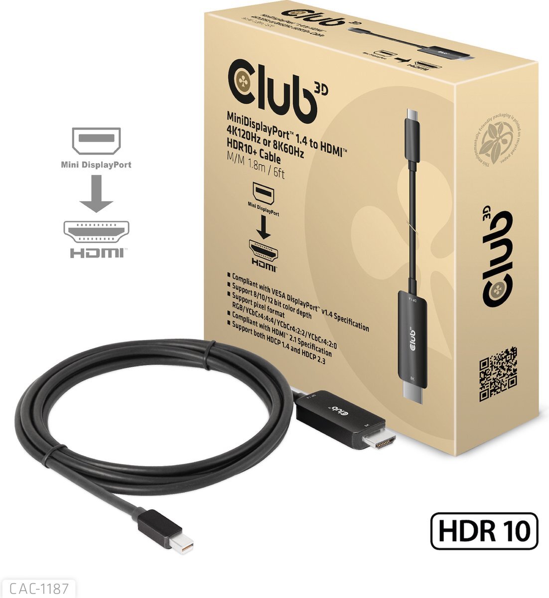 Club 3D MiniDisplayPort 1.4 to HDMI 4K120Hz or 8K60Hz HDR10+ Cable M/M 1.8m / 6ft