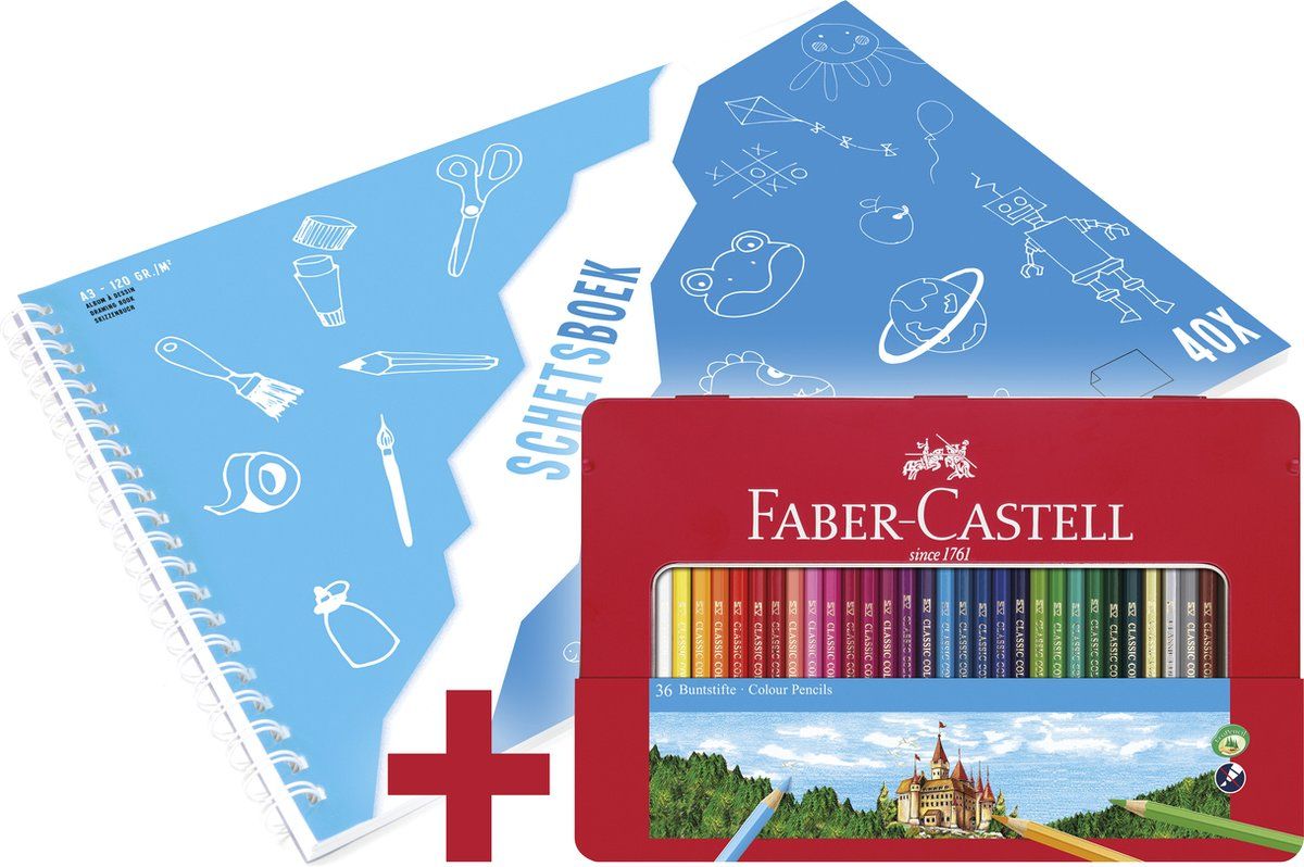 Faber-Castell kleurpotlood - Castle - 36 stuks in blik + A3 Kangaro schetsboek GRATIS