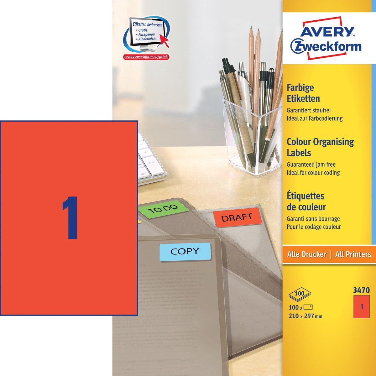 Avery Gekleurde Etiketten - rood - 210 x 297 mm - permanent klevend