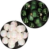 Kerstversiering boules de Noël en plastique mélange de couleurs nacre blanc/vert foncé 4 et 6 cm paquet de 80x pièces