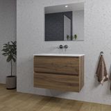Saniclass Chaci Meuble de salle de bain - 80x46x55cm - lavabo en céramique blanc - 1 vasque - sans trous de robinetterie - 2 tiroirs - miroir rectangulaire - noyer