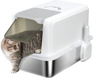 PawHut Katzenklo, Katzentoilette mit Deckel, Wanne aus Edelstahl, eingebauter Streufilter, inklusive Streuschaufel, für Katzen bis 6 kg, Weiß