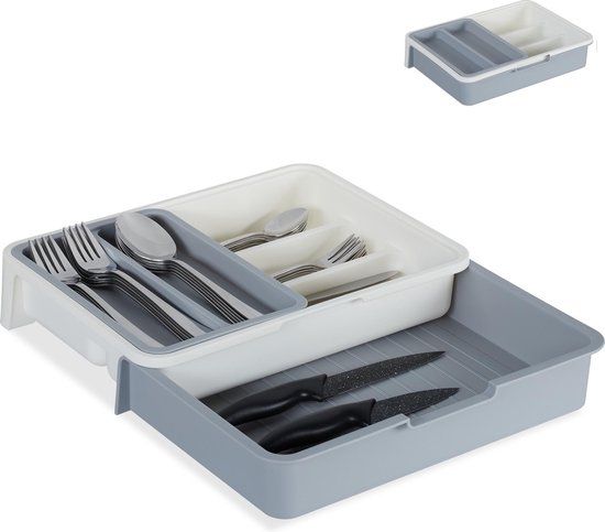 Relaxdays Bestekbak Uitschuifbaar - Bestek Organizer - Besteklade Kunststof - Grijs