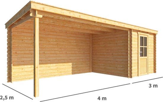 Merkloos Blokhut met overkapping Els 700 cm bij 250 cm diep Lessenaarsdak bruin