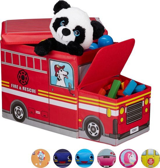 Relaxdays Speelgoedkist - opvouwbare poef - opbergkist speelgoed - kinderkamer - hocker Fire Truck rood