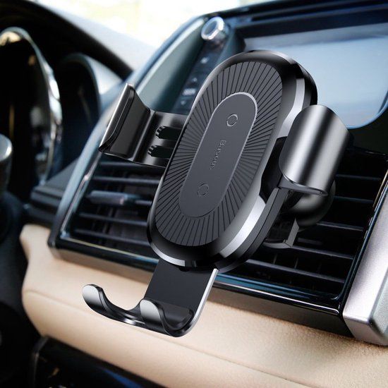 Baseus Gravity Ventilatie Telefoonhouder met Draadloos Opladen - Zwart