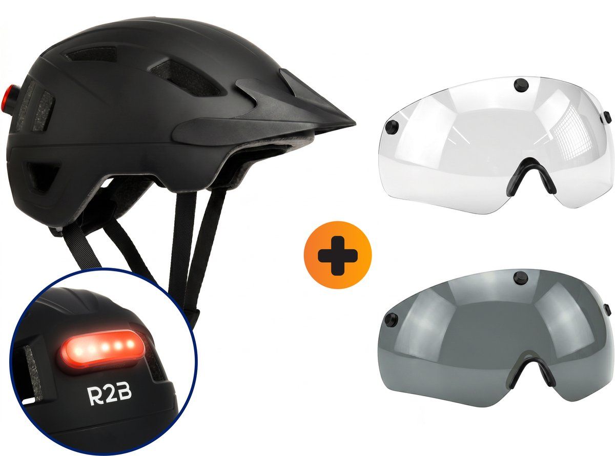 R2B R2B Fietshelm - Speed Pedelec Helm + Extra Transparant Vizier - Maat XL - 61-64 cm - LED Verlichting - Snorfiets Helm - Fietshelm Volwassenen Elektrische Fiets - Fatbike Helm
