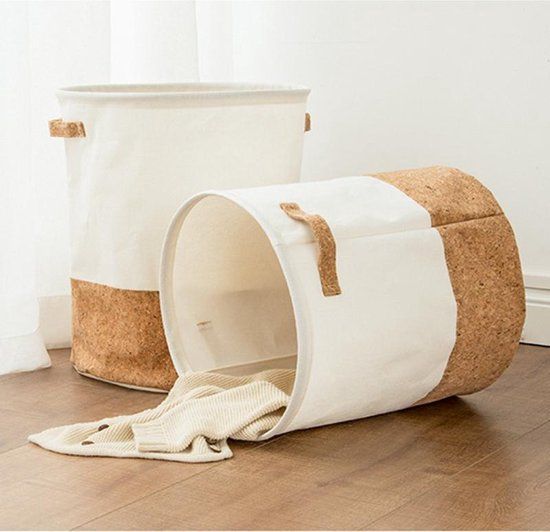 Merkloos TDR Opbergmand - Katoenlinnen - 49L - Wit & Kurk - Opvouwbaar - Rond