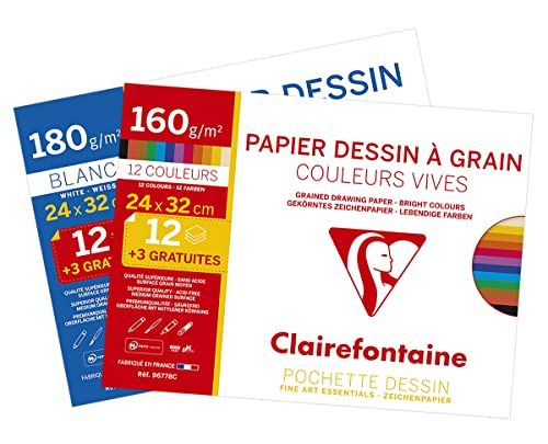 Clairefontaine 196778AMZC - Set met 2 hoezen voor tekeningen, 15 vellen (12 + 3 gratis), 24 x 32 cm, incl. tas met witte tekening 180 g en een tas, krachtige kleuren, 160 g