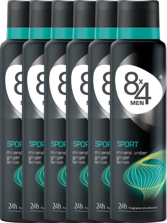 8x4 MEN Sport Deodorant Spray - 6 x 150 ml - Voordeelverpakking