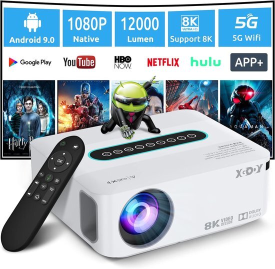 Professionele Beamer 4K - Android 9 OS. Geïntegreerde App & Dolby Geluidseffecten - Projector 5G WiFi Bluetooth - 12.000 Lumen - Incl. Tas - 1080P HD