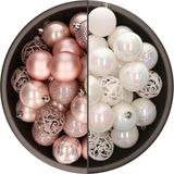 Bellatio Decorations Kerstballen mix - 74-delig - parelmoer wit en lichtroze - 6 cm - kunststof