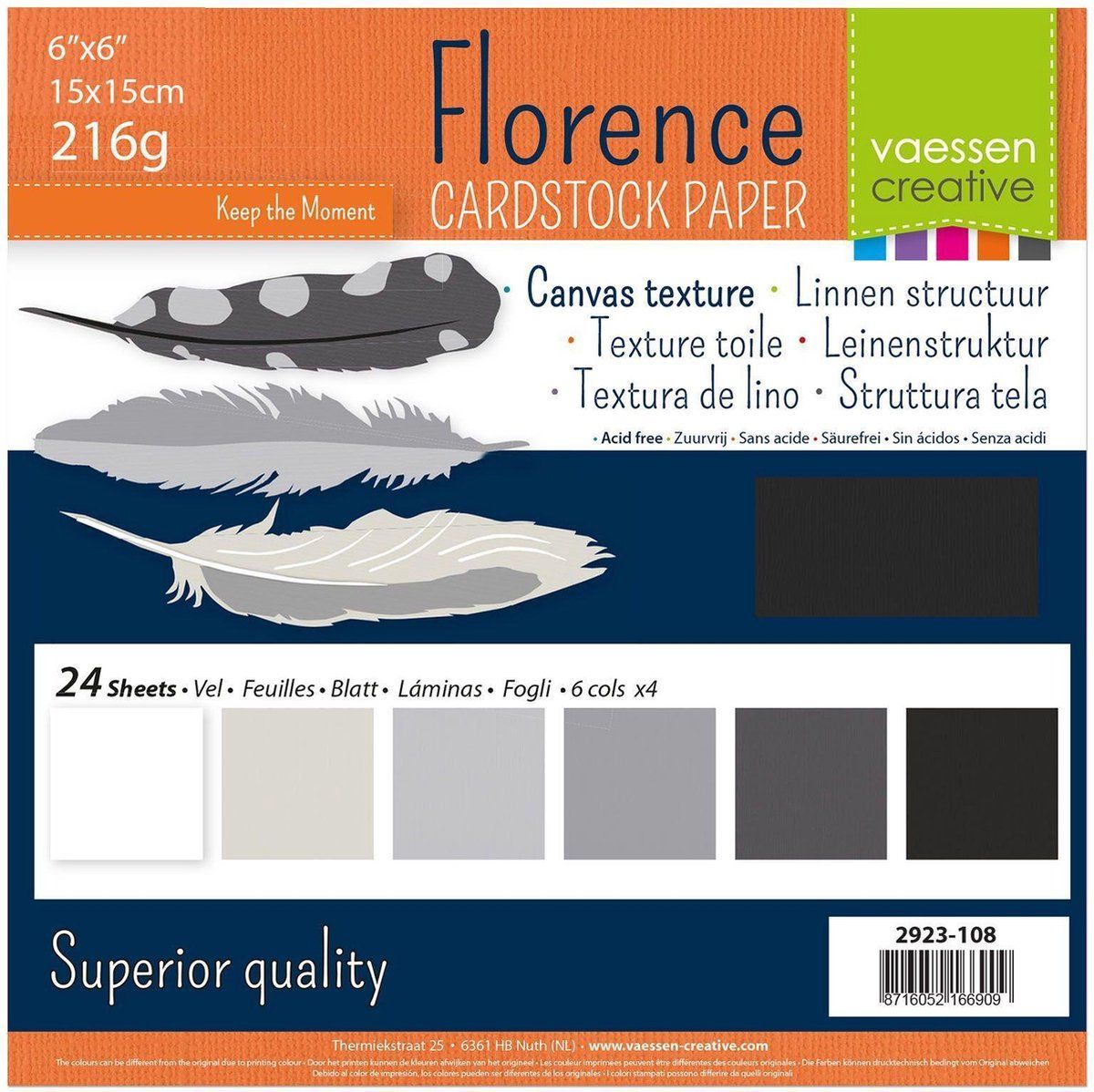 Vaessen Creative Cardstock, Stevig Kaartpapier 216g - Zwart, 24 Stuks. 15 x 15 cm