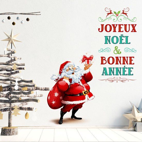 Ambiance Sticker Kerstman, Vrolijk Kerstmis en Gelukkig Nieuwjaar - Kerststicker - feestdecoratie - 80x95cm