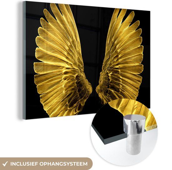 MuchoWow® Glass Painting 60x40 cm - Acrylic Glass Painting - Golden Wings on a Black Background - Photo on Glass - Paintings