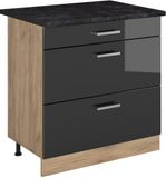 Vicco Keukenonderkast R-Line, Antraciet Hoogglans/Goudkleurig Eiken, 80 cm met 3 laden antraciet werkblad