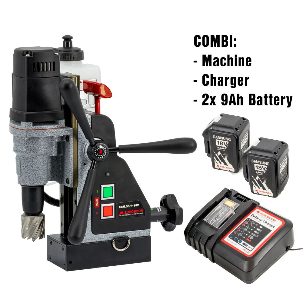 Euroboor EBM.36/P-18V 9Ah Draadloze magneet kernboormachine | 36 mm | Set | 2x 9,0Ah Accu | Lader
