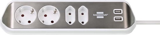 Brennenstuhl brennenstuhl®estilo hoekstopcontact 4-voudig (stekkerdoos met roestvrij stalen oppervlak voor keuken en kantoor, tafelcontactdoos met 2x Contactdozen, 2x Euro-stopcontacten en USB-lader) zilver/wit