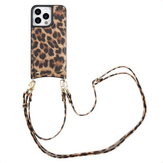 Selencia Hoesje - Geschikt voor Apple iPhone 14 Pro - Backcover met koord en pashouder - Leopard